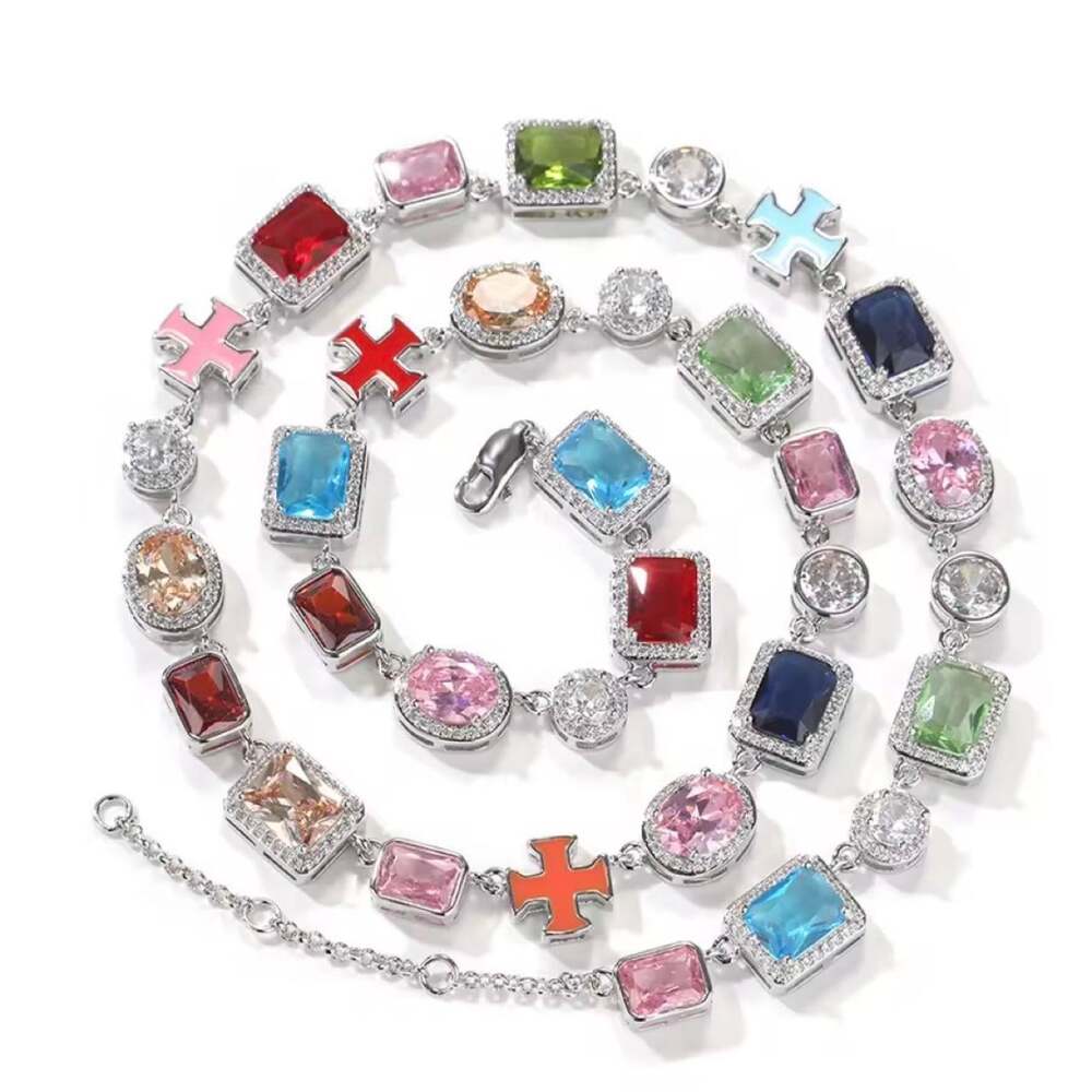 Multi-colored gemstone necklace with cross charms 16inch
